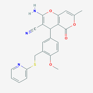 molecular formula C23H19N3O4S B333212 2-amino-4-{4-methoxy-3-[(2-pyridinylsulfanyl)methyl]phenyl}-7-methyl-5-oxo-4H,5H-pyrano[4,3-b]pyran-3-carbonitrile 