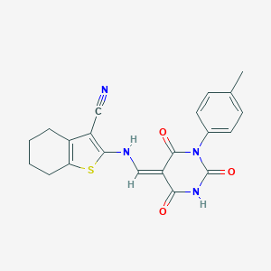 molecular formula C21H18N4O3S B333226 2-[[(Z)-[1-(4-methylphenyl)-2,4,6-trioxo-1,3-diazinan-5-ylidene]methyl]amino]-4,5,6,7-tetrahydro-1-benzothiophene-3-carbonitrile 