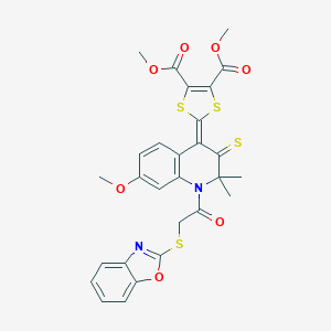 molecular formula C28H24N2O7S4 B333235 dimethyl 2-(1-[(1,3-benzoxazol-2-ylsulfanyl)acetyl]-7-methoxy-2,2-dimethyl-3-thioxo-2,3-dihydro-4(1H)-quinolinylidene)-1,3-dithiole-4,5-dicarboxylate 