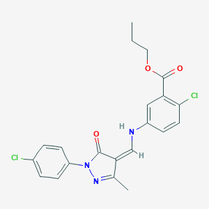 molecular formula C21H19Cl2N3O3 B333241 propyl 2-chloro-5-[[(Z)-[1-(4-chlorophenyl)-3-methyl-5-oxopyrazol-4-ylidene]methyl]amino]benzoate 