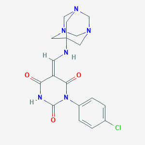 molecular formula C18H19ClN6O3 B333245 (5Z)-1-(4-chlorophenyl)-5-[(1,3,5-triazatricyclo[3.3.1.13,7]decan-7-ylamino)methylidene]-1,3-diazinane-2,4,6-trione 