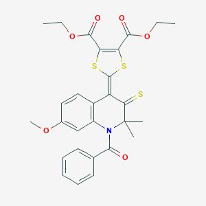 molecular formula C28H27NO6S3 B333251 diethyl 2-(1-benzoyl-7-methoxy-2,2-dimethyl-3-thioxo-2,3-dihydro-4(1H)-quinolinylidene)-1,3-dithiole-4,5-dicarboxylate 