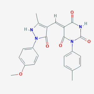 molecular formula C23H20N4O5 B333263 (5Z)-5-[[2-(4-methoxyphenyl)-5-methyl-3-oxo-1H-pyrazol-4-yl]methylidene]-1-(4-methylphenyl)-1,3-diazinane-2,4,6-trione 