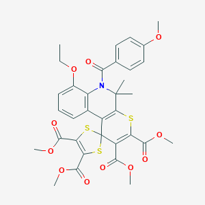 molecular formula C34H33NO11S3 B333281 Tetramethyl 7'-ethoxy-6'-[(4-methoxyphenyl)carbonyl]-5',5'-dimethyl-5',6'-dihydrospiro[1,3-dithiole-2,1'-thiopyrano[2,3-c]quinoline]-2',3',4,5-tetracarboxylate 