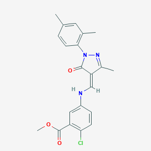molecular formula C21H20ClN3O3 B333292 methyl 2-chloro-5-[[(Z)-[1-(2,4-dimethylphenyl)-3-methyl-5-oxopyrazol-4-ylidene]methyl]amino]benzoate 