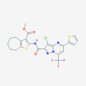 molecular formula C23H18ClF3N4O3S2 B333309 methyl 2-({[3-chloro-5-(2-thienyl)-7-(trifluoromethyl)pyrazolo[1,5-a]pyrimidin-2-yl]carbonyl}amino)-5,6,7,8-tetrahydro-4H-cyclohepta[b]thiophene-3-carboxylate 