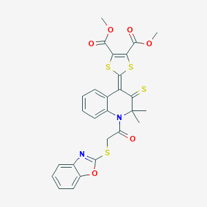 molecular formula C27H22N2O6S4 B333314 dimethyl 2-(1-[(1,3-benzoxazol-2-ylsulfanyl)acetyl]-2,2-dimethyl-3-thioxo-2,3-dihydro-4(1H)-quinolinylidene)-1,3-dithiole-4,5-dicarboxylate 