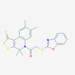 molecular formula C23H20N2O2S4 B333322 5-[(1,3-benzoxazol-2-ylsulfanyl)acetyl]-4,4,7,8-tetramethyl-4,5-dihydro-1H-[1,2]dithiolo[3,4-c]quinoline-1-thione 
