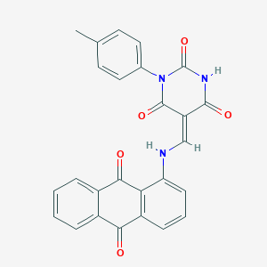 (5Z)-5-[[(9,10-dioxoanthracen-1-yl)amino]methylidene]-1-(4-methylphenyl)-1,3-diazinane-2,4,6-trione