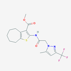 molecular formula C18H20F3N3O3S B333345 methyl 2-({[5-methyl-3-(trifluoromethyl)-1H-pyrazol-1-yl]acetyl}amino)-5,6,7,8-tetrahydro-4H-cyclohepta[b]thiophene-3-carboxylate 