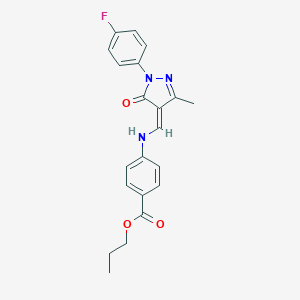 molecular formula C21H20FN3O3 B333360 propyl 4-[[(Z)-[1-(4-fluorophenyl)-3-methyl-5-oxopyrazol-4-ylidene]methyl]amino]benzoate 