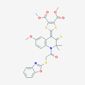 molecular formula C28H24N2O7S4 B333369 dimethyl 2-(1-[(1,3-benzoxazol-2-ylsulfanyl)acetyl]-6-methoxy-2,2-dimethyl-3-thioxo-2,3-dihydro-4(1H)-quinolinylidene)-1,3-dithiole-4,5-dicarboxylate 