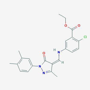 molecular formula C22H22ClN3O3 B333379 ethyl 2-chloro-5-[[(Z)-[1-(3,4-dimethylphenyl)-3-methyl-5-oxopyrazol-4-ylidene]methyl]amino]benzoate 