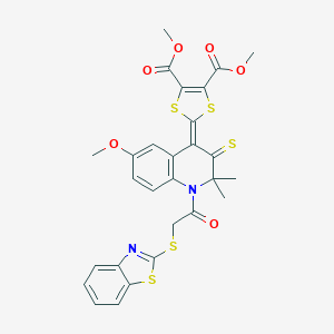 molecular formula C28H24N2O6S5 B333381 dimethyl 2-(1-[(1,3-benzothiazol-2-ylsulfanyl)acetyl]-6-methoxy-2,2-dimethyl-3-thioxo-2,3-dihydro-4(1H)-quinolinylidene)-1,3-dithiole-4,5-dicarboxylate 