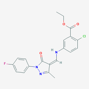 molecular formula C20H17ClFN3O3 B333397 ethyl 2-chloro-5-[[(Z)-[1-(4-fluorophenyl)-3-methyl-5-oxopyrazol-4-ylidene]methyl]amino]benzoate 