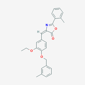 molecular formula C27H25NO4 B333399 4-{3-ethoxy-4-[(3-methylbenzyl)oxy]benzylidene}-2-(2-methylphenyl)-1,3-oxazol-5(4H)-one 