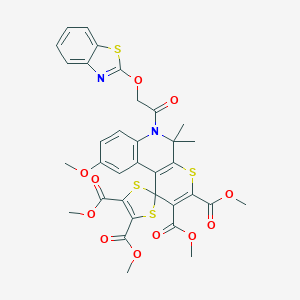molecular formula C34H30N2O11S4 B333404 Tetramethyl 6'-[(1,3-benzothiazol-2-yloxy)acetyl]-9'-methoxy-5',5'-dimethyl-5',6'-dihydrospiro[1,3-dithiole-2,1'-thiopyrano[2,3-c]quinoline]-2',3',4,5-tetracarboxylate 