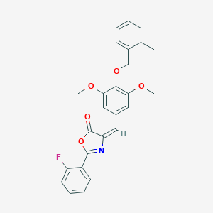 molecular formula C26H22FNO5 B333416 4-{3,5-dimethoxy-4-[(2-methylbenzyl)oxy]benzylidene}-2-(2-fluorophenyl)-1,3-oxazol-5(4H)-one 