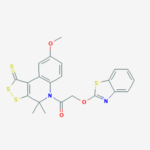 molecular formula C22H18N2O3S4 B333423 5-[(1,3-benzothiazol-2-yloxy)acetyl]-8-methoxy-4,4-dimethyl-4,5-dihydro-1H-[1,2]dithiolo[3,4-c]quinoline-1-thione 