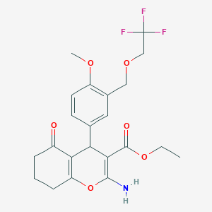 molecular formula C22H24F3NO6 B333465 ethyl 2-amino-4-{4-methoxy-3-[(2,2,2-trifluoroethoxy)methyl]phenyl}-5-oxo-5,6,7,8-tetrahydro-4H-chromene-3-carboxylate 