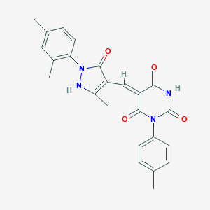 molecular formula C24H22N4O4 B333498 (5Z)-5-[[2-(2,4-dimethylphenyl)-5-methyl-3-oxo-1H-pyrazol-4-yl]methylidene]-1-(4-methylphenyl)-1,3-diazinane-2,4,6-trione 