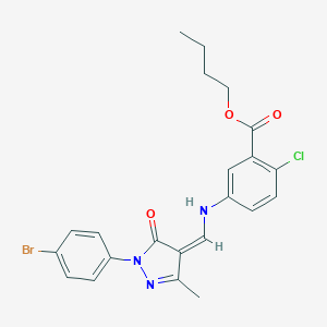 molecular formula C22H21BrClN3O3 B333516 butyl 5-[[(Z)-[1-(4-bromophenyl)-3-methyl-5-oxopyrazol-4-ylidene]methyl]amino]-2-chlorobenzoate 