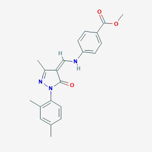 molecular formula C21H21N3O3 B333521 methyl 4-[[(Z)-[1-(2,4-dimethylphenyl)-3-methyl-5-oxopyrazol-4-ylidene]methyl]amino]benzoate 