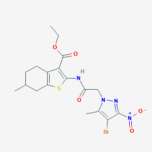 molecular formula C18H21BrN4O5S B333530 2-[2-(4-Bromo-5-methyl-3-nitro-pyrazol-1-yl)-acetylamino]-6-methyl-4,5,6,7-tetrahydro-benzo[b]thiophene-3-carboxylic acid ethyl ester 