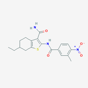 molecular formula C19H21N3O4S B333564 6-Ethyl-2-({4-nitro-3-methylbenzoyl}amino)-4,5,6,7-tetrahydro-1-benzothiophene-3-carboxamide 