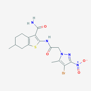molecular formula C16H18BrN5O4S B333566 2-[2-(4-Bromo-5-methyl-3-nitropyrazolyl)acetylamino]-6-methyl-4,5,6,7-tetrahyd robenzo[b]thiophene-3-carboxamide 