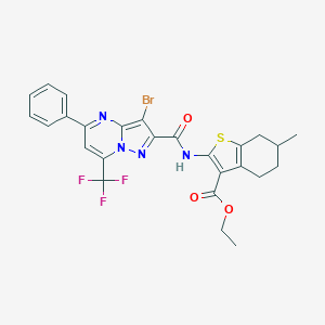 molecular formula C26H22BrF3N4O3S B333601 Ethyl 2-({[3-bromo-5-phenyl-7-(trifluoromethyl)pyrazolo[1,5-a]pyrimidin-2-yl]carbonyl}amino)-6-methyl-4,5,6,7-tetrahydro-1-benzothiophene-3-carboxylate 
