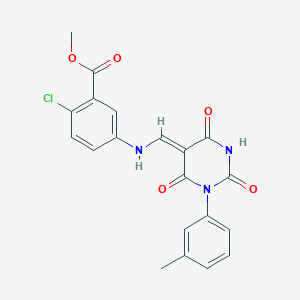 molecular formula C20H16ClN3O5 B333602 methyl 2-chloro-5-[[(Z)-[1-(3-methylphenyl)-2,4,6-trioxo-1,3-diazinan-5-ylidene]methyl]amino]benzoate 