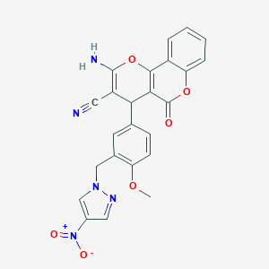 molecular formula C24H17N5O6 B333620 2-amino-4-[3-({4-nitro-1H-pyrazol-1-yl}methyl)-4-methoxyphenyl]-5-oxo-4H,5H-pyrano[3,2-c]chromene-3-carbonitrile 