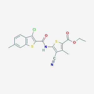 molecular formula C19H15ClN2O3S2 B333625 Ethyl 5-{[(3-chloro-6-methyl-1-benzothien-2-yl)carbonyl]amino}-4-cyano-3-methyl-2-thiophenecarboxylate 