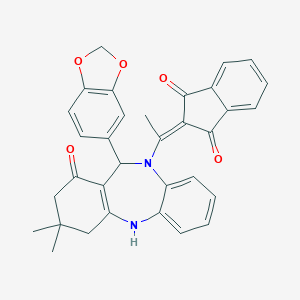 molecular formula C33H28N2O5 B333626 2-{1-[11-(1,3-benzodioxol-5-yl)-3,3-dimethyl-1-oxo-1,2,3,4,5,11-hexahydro-10H-dibenzo[b,e][1,4]diazepin-10-yl]ethylidene}-1H-indene-1,3(2H)-dione 