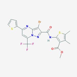 molecular formula C20H14BrF3N4O3S2 B333627 Methyl 2-({[3-bromo-5-(2-thienyl)-7-(trifluoromethyl)pyrazolo[1,5-a]pyrimidin-2-yl]carbonyl}amino)-4,5-dimethyl-3-thiophenecarboxylate 