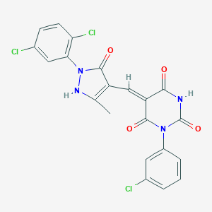 molecular formula C21H13Cl3N4O4 B333629 (5Z)-1-(3-chlorophenyl)-5-[[2-(2,5-dichlorophenyl)-5-methyl-3-oxo-1H-pyrazol-4-yl]methylidene]-1,3-diazinane-2,4,6-trione 