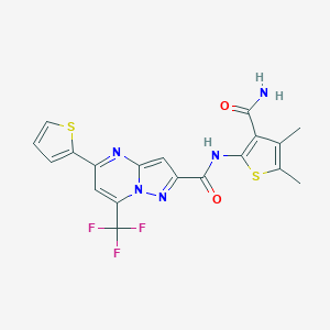 molecular formula C19H14F3N5O2S2 B333632 N-(3-carbamoyl-4,5-dimethylthiophen-2-yl)-5-(thiophen-2-yl)-7-(trifluoromethyl)pyrazolo[1,5-a]pyrimidine-2-carboxamide 