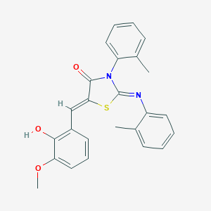 molecular formula C25H22N2O3S B333636 5-(2-Hydroxy-3-methoxybenzylidene)-3-(2-methylphenyl)-2-[(2-methylphenyl)imino]-1,3-thiazolidin-4-one 