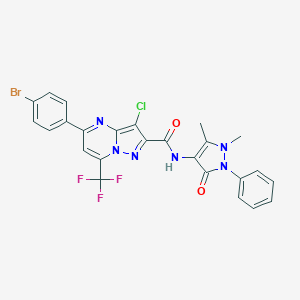 molecular formula C25H17BrClF3N6O2 B333639 5-(4-bromophenyl)-3-chloro-N-(1,5-dimethyl-3-oxo-2-phenyl-2,3-dihydro-1H-pyrazol-4-yl)-7-(trifluoromethyl)pyrazolo[1,5-a]pyrimidine-2-carboxamide 