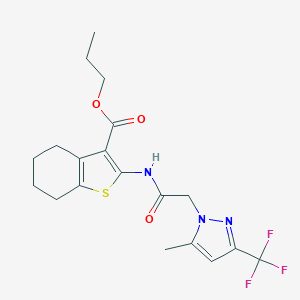 molecular formula C19H22F3N3O3S B333658 propyl 2-({[5-methyl-3-(trifluoromethyl)-1H-pyrazol-1-yl]acetyl}amino)-4,5,6,7-tetrahydro-1-benzothiophene-3-carboxylate 