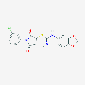 molecular formula C20H18ClN3O4S B333674 1-(3-chlorophenyl)-2,5-dioxo-3-pyrrolidinyl N'-(1,3-benzodioxol-5-yl)-N-ethylimidothiocarbamate 