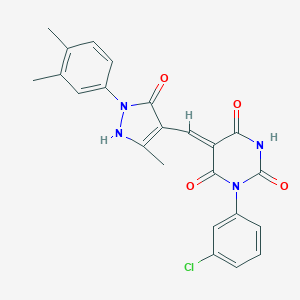 molecular formula C23H19ClN4O4 B333701 (5Z)-1-(3-chlorophenyl)-5-[[2-(3,4-dimethylphenyl)-5-methyl-3-oxo-1H-pyrazol-4-yl]methylidene]-1,3-diazinane-2,4,6-trione 