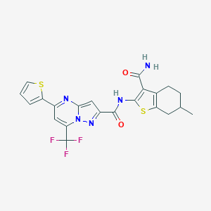 molecular formula C22H18F3N5O2S2 B333715 N-(3-carbamoyl-6-methyl-4,5,6,7-tetrahydro-1-benzothiophen-2-yl)-5-(thiophen-2-yl)-7-(trifluoromethyl)pyrazolo[1,5-a]pyrimidine-2-carboxamide 