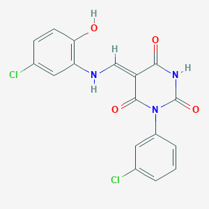 molecular formula C17H11Cl2N3O4 B333734 (5Z)-5-[(5-chloro-2-hydroxyanilino)methylidene]-1-(3-chlorophenyl)-1,3-diazinane-2,4,6-trione 