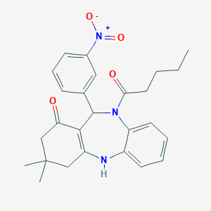 molecular formula C26H29N3O4 B333741 11-{3-nitrophenyl}-3,3-dimethyl-10-pentanoyl-2,3,4,5,10,11-hexahydro-1H-dibenzo[b,e][1,4]diazepin-1-one 
