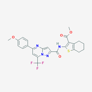 molecular formula C25H21F3N4O4S B333743 Methyl 2-({[5-(4-methoxyphenyl)-7-(trifluoromethyl)pyrazolo[1,5-a]pyrimidin-2-yl]carbonyl}amino)-4,5,6,7-tetrahydro-1-benzothiophene-3-carboxylate 