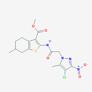 molecular formula C17H19ClN4O5S B333748 methyl 2-[({4-chloro-3-nitro-5-methyl-1H-pyrazol-1-yl}acetyl)amino]-6-methyl-4,5,6,7-tetrahydro-1-benzothiophene-3-carboxylate 