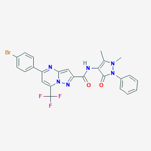 molecular formula C25H18BrF3N6O2 B333759 5-(4-bromophenyl)-N-(1,5-dimethyl-3-oxo-2-phenyl-2,3-dihydro-1H-pyrazol-4-yl)-7-(trifluoromethyl)pyrazolo[1,5-a]pyrimidine-2-carboxamide 