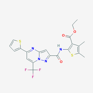 molecular formula C21H17F3N4O3S2 B333769 Ethyl 4,5-dimethyl-2-({[5-(2-thienyl)-7-(trifluoromethyl)pyrazolo[1,5-a]pyrimidin-2-yl]carbonyl}amino)-3-thiophenecarboxylate 